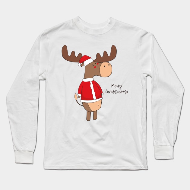 Merry Christmoose, Funny Cute Christmas Moose Long Sleeve T-Shirt by Dreamy Panda Designs